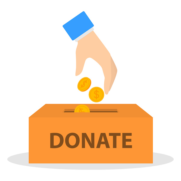 Graphic of hand dropping coins into donation box.
